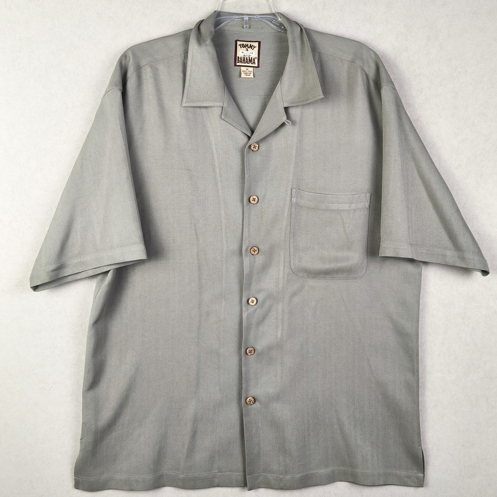 Tommy Bahama Silk Camp Shirt Men M Sage Gray Short Sleeve Resort